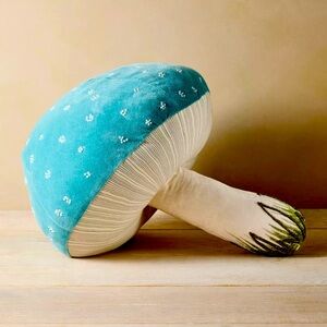 NWT John Derian Mushroom Pillow 🍄 Cottagecore Toadstool 🩵 Blue w beaded detail